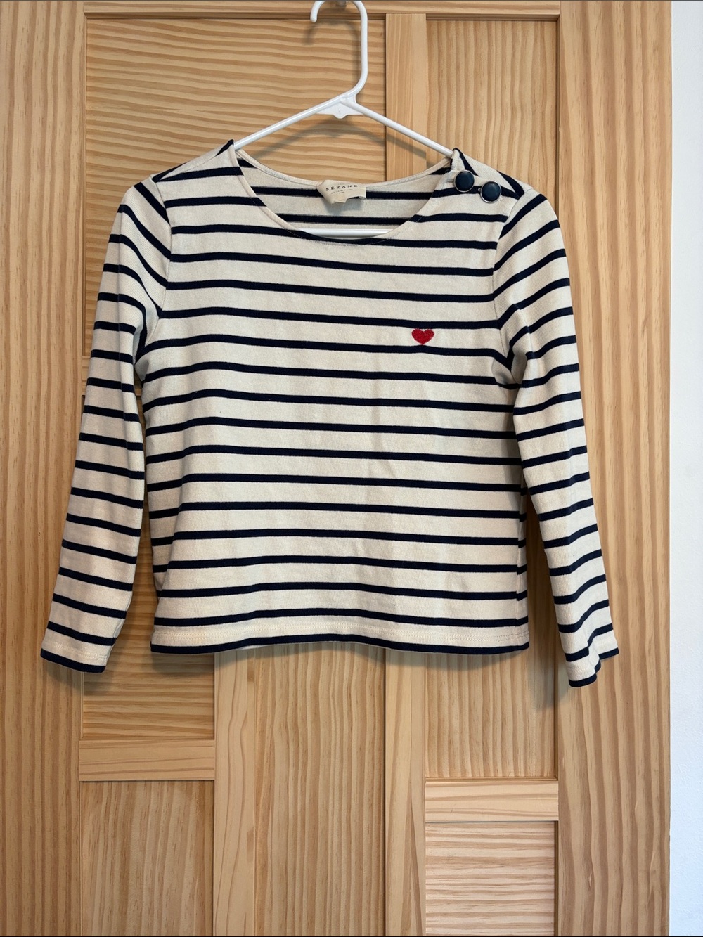 Cream and Navy Striped Long-Sleeve Tee with Red Heart Accent